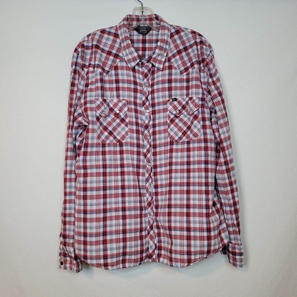 Salt Valley Western Shirt Mens XL Red White Blue Plaid Pearl Snap Lightweight